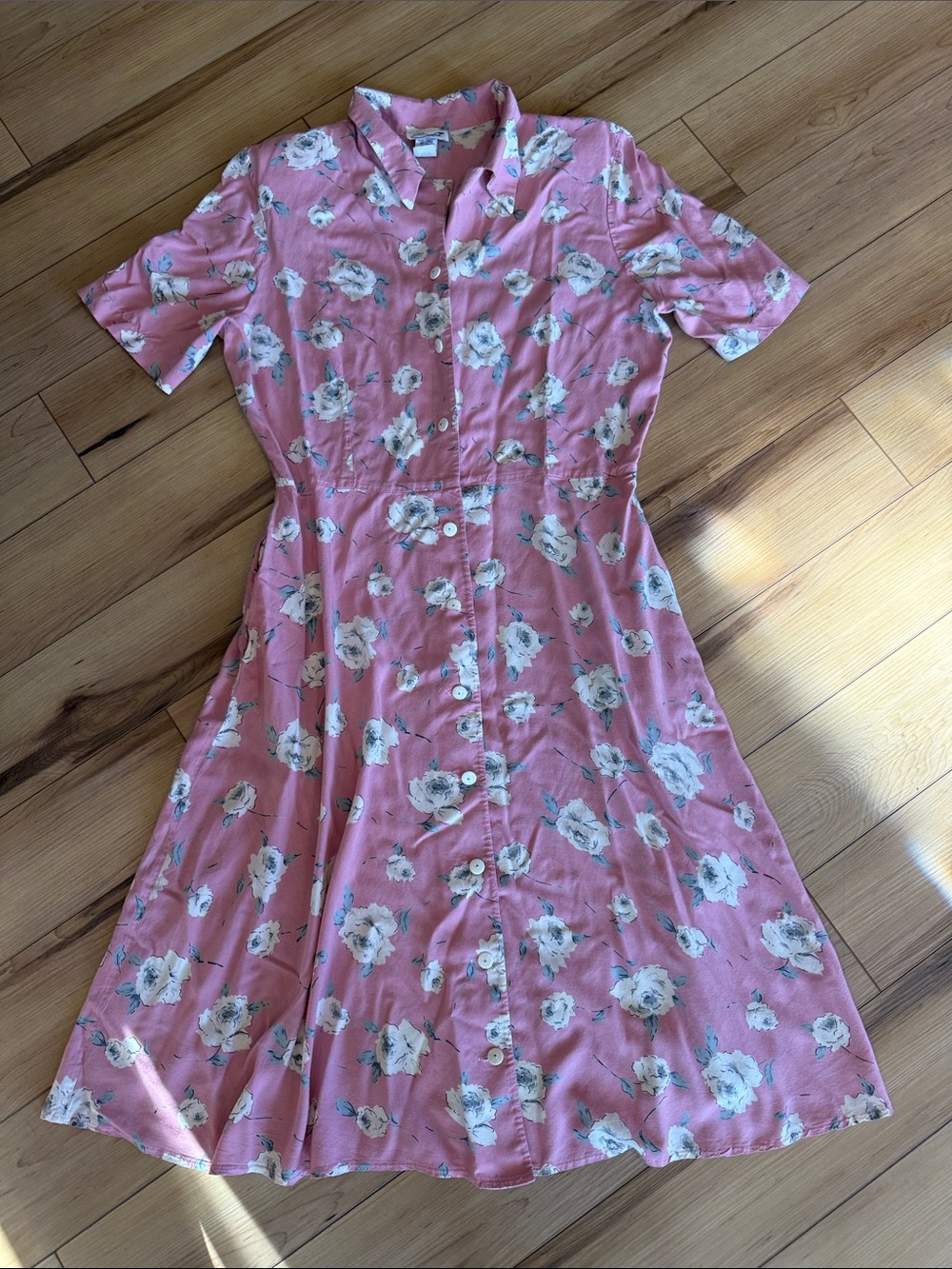 Vintage Rayon Serbin Floral Button-Front Midi Dress in Pink